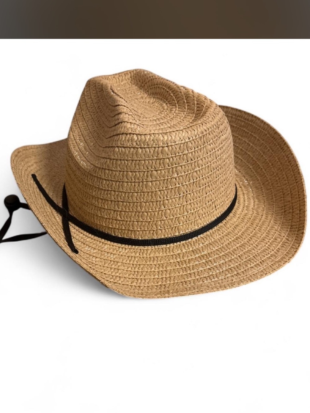 Womens Tan Straw Cowboy Sun Hat with Chin Strap